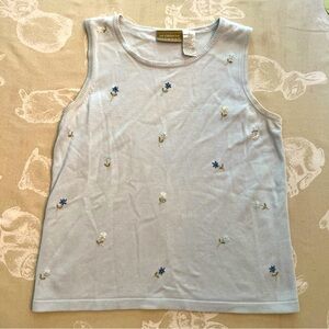 Vintage Liz Claiborne Women's Tank Top Light Blue w/ Sewn Flowers Size S